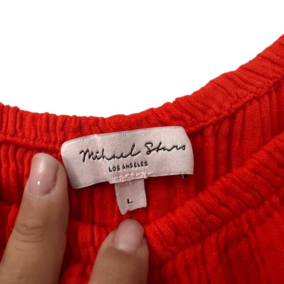 Michael Stars Red Fernanda Smocked Waist Off Shoulder Gauzy Dress Size Large - Picture 3 of 6